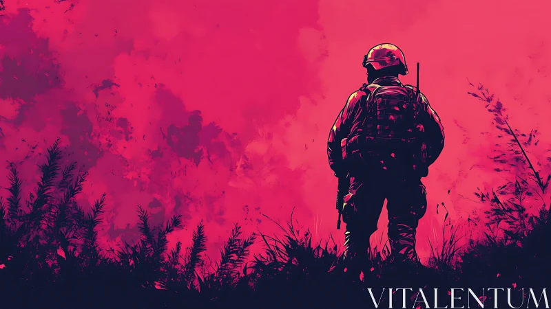 Backlit infantry silhouette against saturate magenta combat sky.