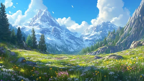 Alpine meadow spreads beneath towering snowcapped peaks.
