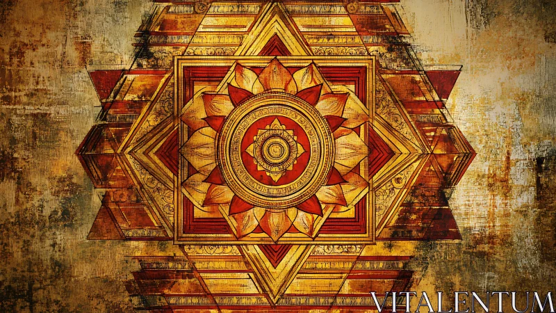 Geometric mandala radiates layered lotus forms on aged canvas