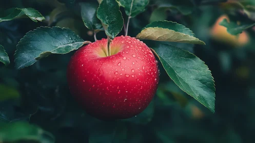 Red apple on tree branch with leaves and water droplets.