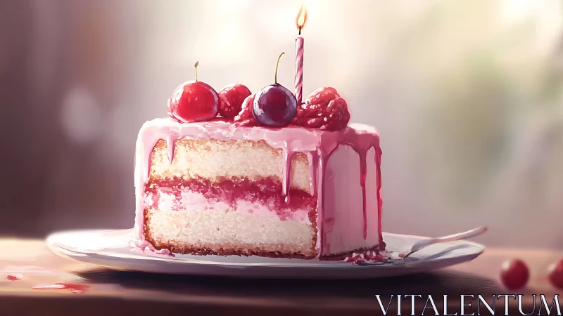 Pink Birthday Cake with Berries and Lit Candle.