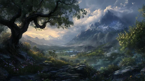 Gentle sunlight welcomes a tranquil valley below snowy peaks