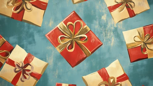 Festive red gift boxes scattered on textured teal backdrop.