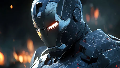 Battle-scarred steel guardian under ember-scorched skies.