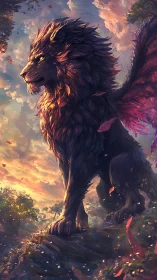 Winged leonine creature on rocky outcrop at sunset sky.