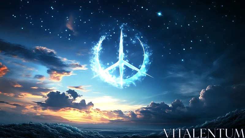 Celestial peace symbol glowing over cinematic ocean horizon.