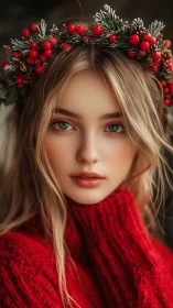 Young woman in red sweater wearing winter berry wreath