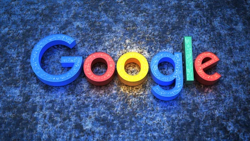 Google logotype rendered in colorful 3D letters on texture.