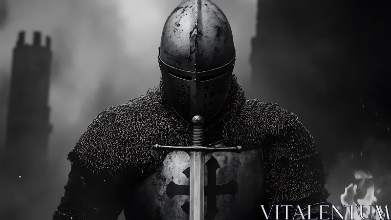 Medieval armored knight with sword in monochrome setting.