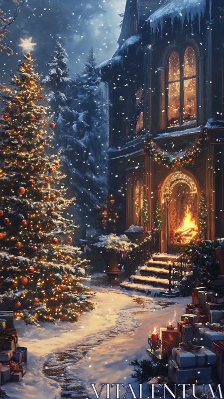 Snowy Victorian house with illuminated Christmas tree at dusk