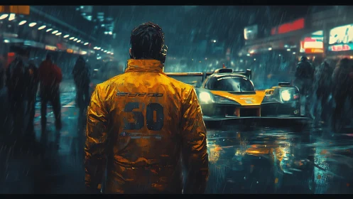Race engineer faces prototype car under neon soaked rain