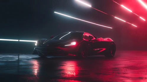 Low-slung red hypercar under neon tunnel lighting in rain-soaked bay