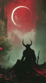 Crimson eclipse above horned warrior in misted forest realm.