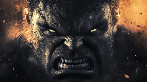 Raging muscular titan snarls amid blazing molten embers