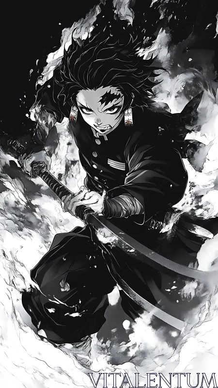 Monochrome anime swordsman charging through swirling smoke.