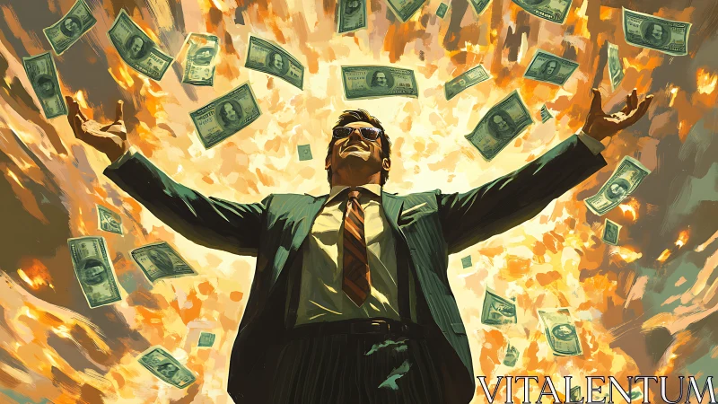 Money bursts around a confident man in a dramatic glow