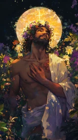 Torso-length figure with floral halo in dense garden scene.