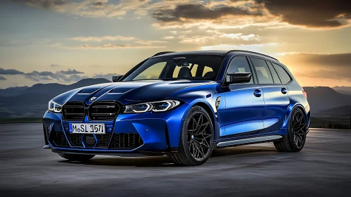 Blue performance station wagon on open landscape road at dusk.