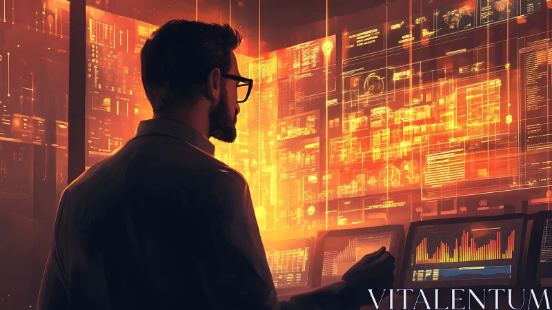 Data analyst surveys glowing cyber control wall in silence