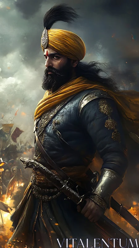 Regal warrior in golden turban standing amid rising embers.
