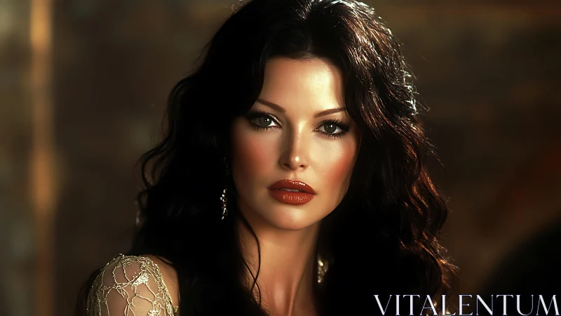 Cinematic portrait of dark haired woman in warm bokeh light.