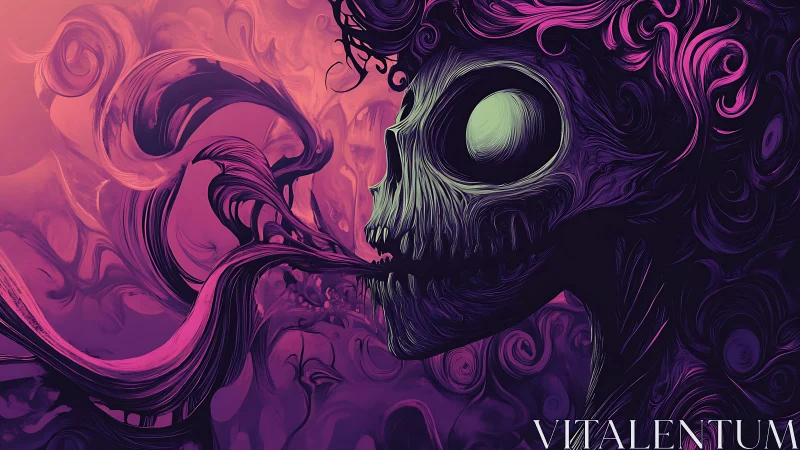 Neon skeletal portrait extrudes swirling vapor in high-contrast vectors