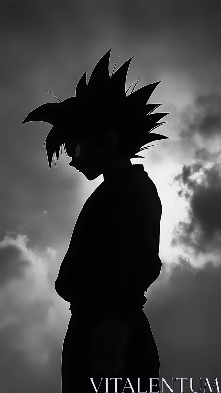 Backlit anime silhouette with spiky hair against storm clouds