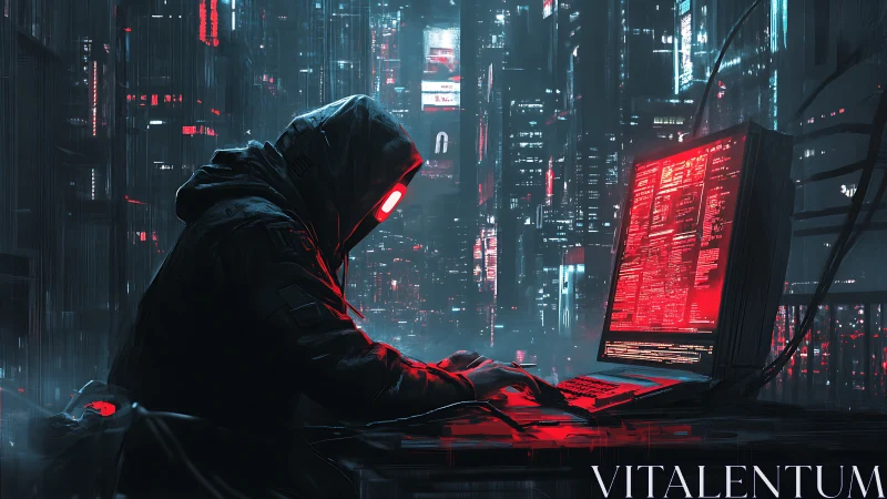 Hooded cyberpunk hacker at glowing red terminal in city.