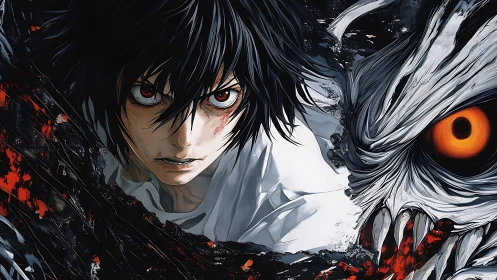 Dark-haired anime boy confronts monstrous eye in split frame