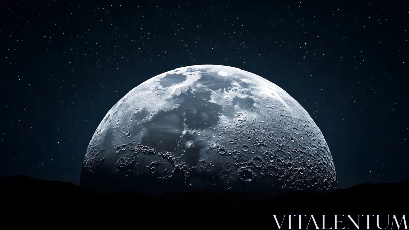Massive lunar surface rising over dark alien horizon.