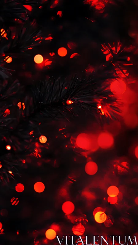 Red bokeh lights glow through dark evergreen branches.