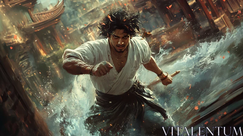 Martial artist charges through turbulent water in city