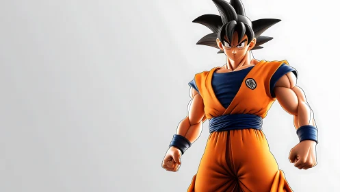 Strong anime fighter in orange martial arts gi posed.