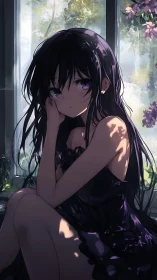 Violet window daydreamer in dappled shadow silence.