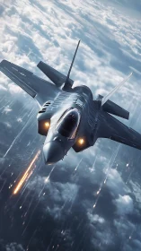 Stealth fighter jet in descending flight over cloud layer.