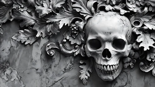 Ornate monochrome skull relief among carved foliage.