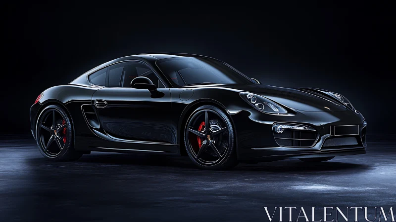 Sleek black sports coupe under dramatic studio lighting.