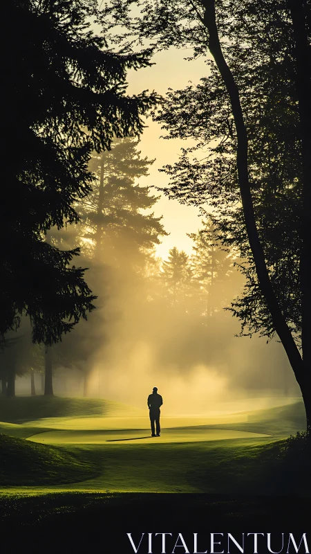 Golfer standing on misty fairway at sunrise in forested course.