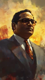 Brush-textured portrait of suited man against warm abstract sky