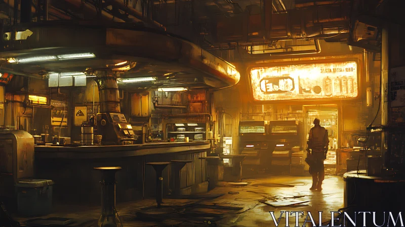 Backlit cyberpunk bar interior with industrial ducts and neon signage