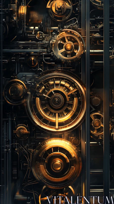 Golden mechanical gears glow warmly in a tall metal frame