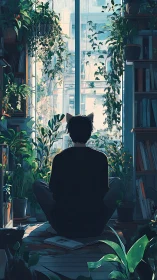 Solitary figure with cat ears in lush window garden room.