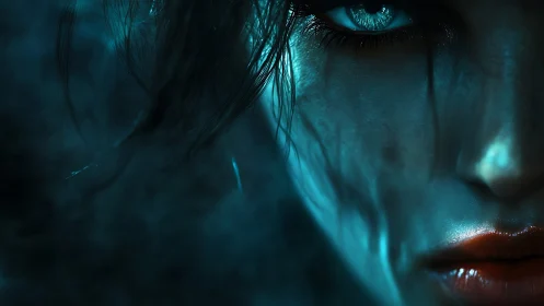 Haunting cyan-lit face with piercing eye and wet texture.