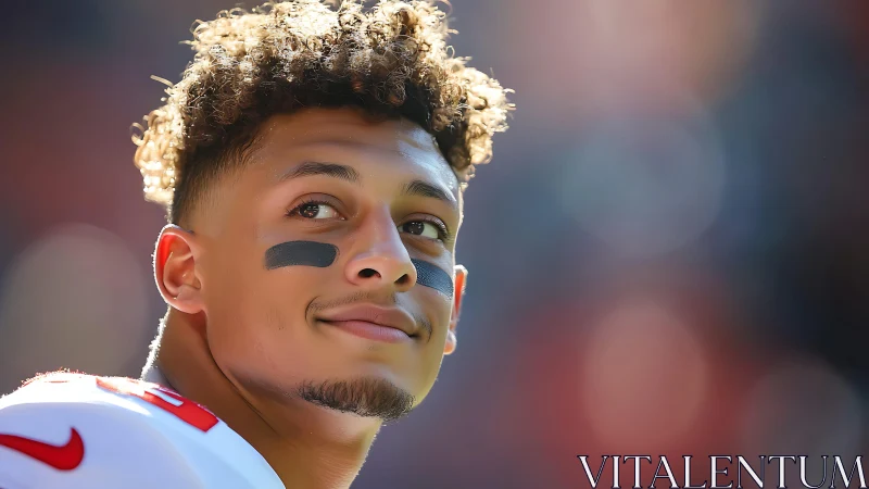 Portrait of football player in sunlit sideline close-up.