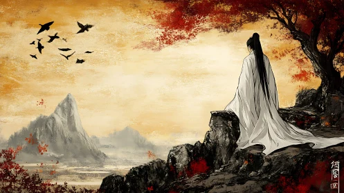 Solitary wanderer gazes across mist-veiled autumn mountainscape.