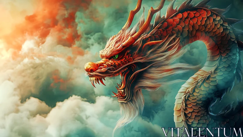 Fiery red dragon head emerging through stormy clouds.