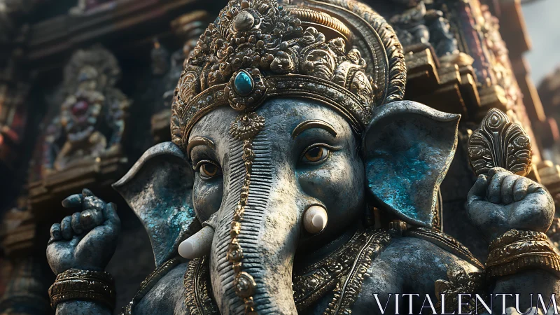 Detailed stone statue of elephant-headed deity in temple.