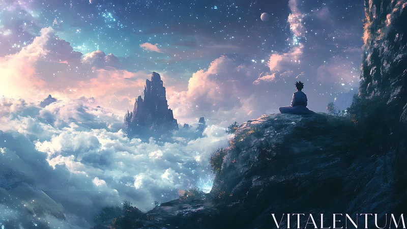 Stargazer resting above glowing clouds and distant spires.