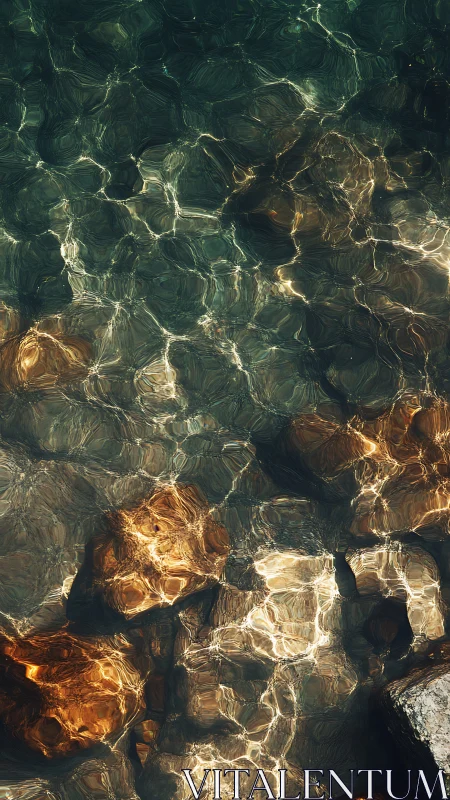 Sunlit river stones shimmer beneath rippling emerald water