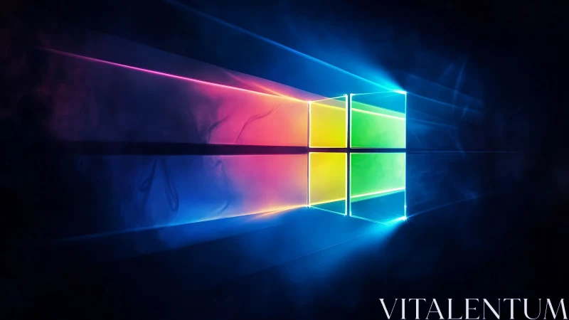 Radiant window grid with neon volumetric light beams in foggy void